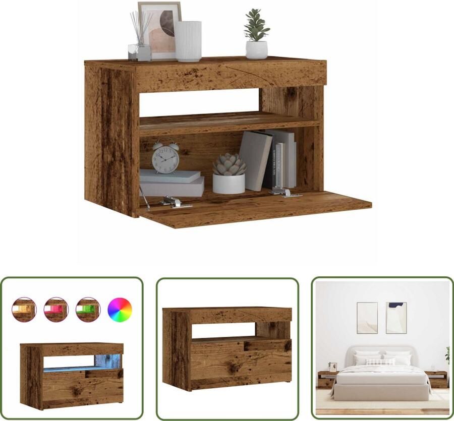 The Living Store Nachtkastje met LED 60x35x40 cm bewerkt hout oud hout Nachtkastje Led Verlichting Houten Nachtkastje Slaapkamers Bedroom Furniture