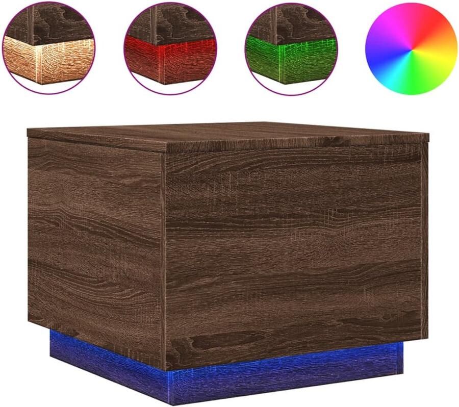 The Living Store Salontafel met LED-verlichting 50x50x40 cm bruin eikenkleur Moderne Salontafel Led Verlichting Bruine Eiken Tv Tafellaar Bijzettafel