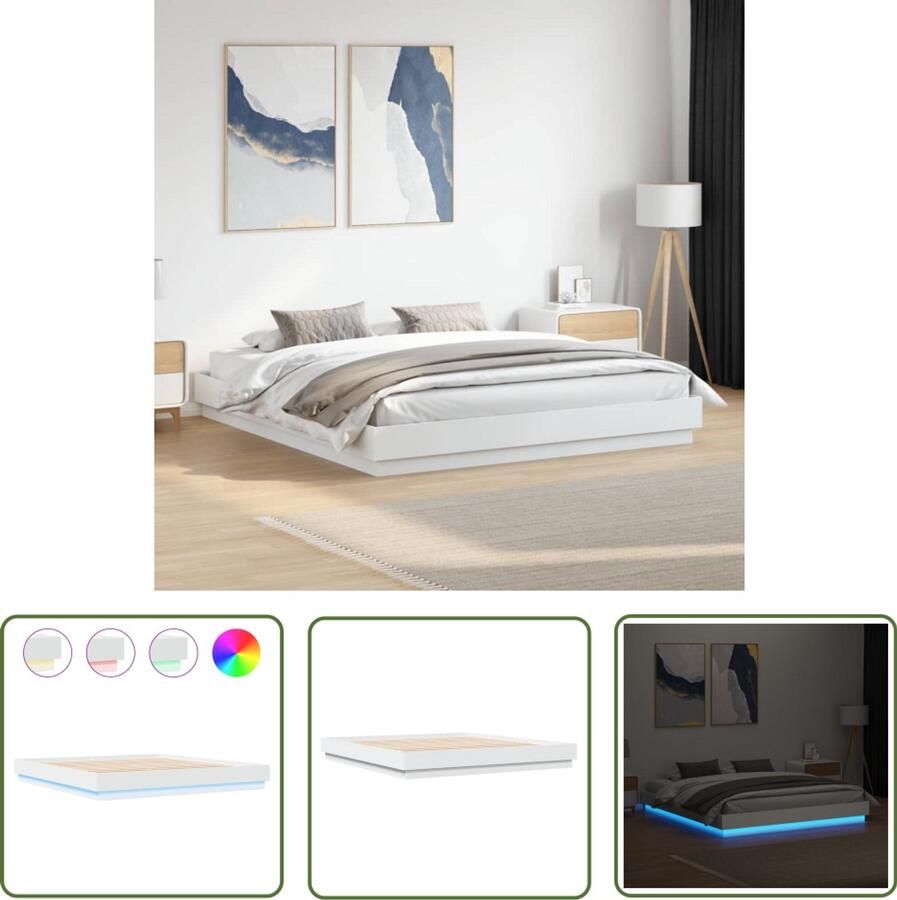 VidaXL Led Verlichting Slaapcomfort Bedframe met LED-verlichting wit 200x200 cm Houten Bed Frame Modern Design Tweepersoons Bed