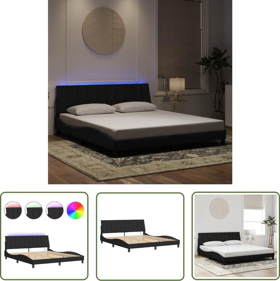 The Living Store Bedframe met LED-verlichting fluweel zwart 180x200 cm Slaapcomfort Led Verlichting Velvet Bed Zwarte Bedbank Tweepersoons Bed