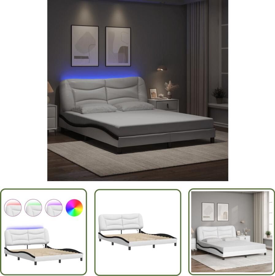 VidaXL Led Verlichting Slaapcomfort Bedframe met LED zonder matras Hvar kunstleer wit en zwart 160x200 cm Kunstleder Bed Frame Modern Bed Frame King Size Bed