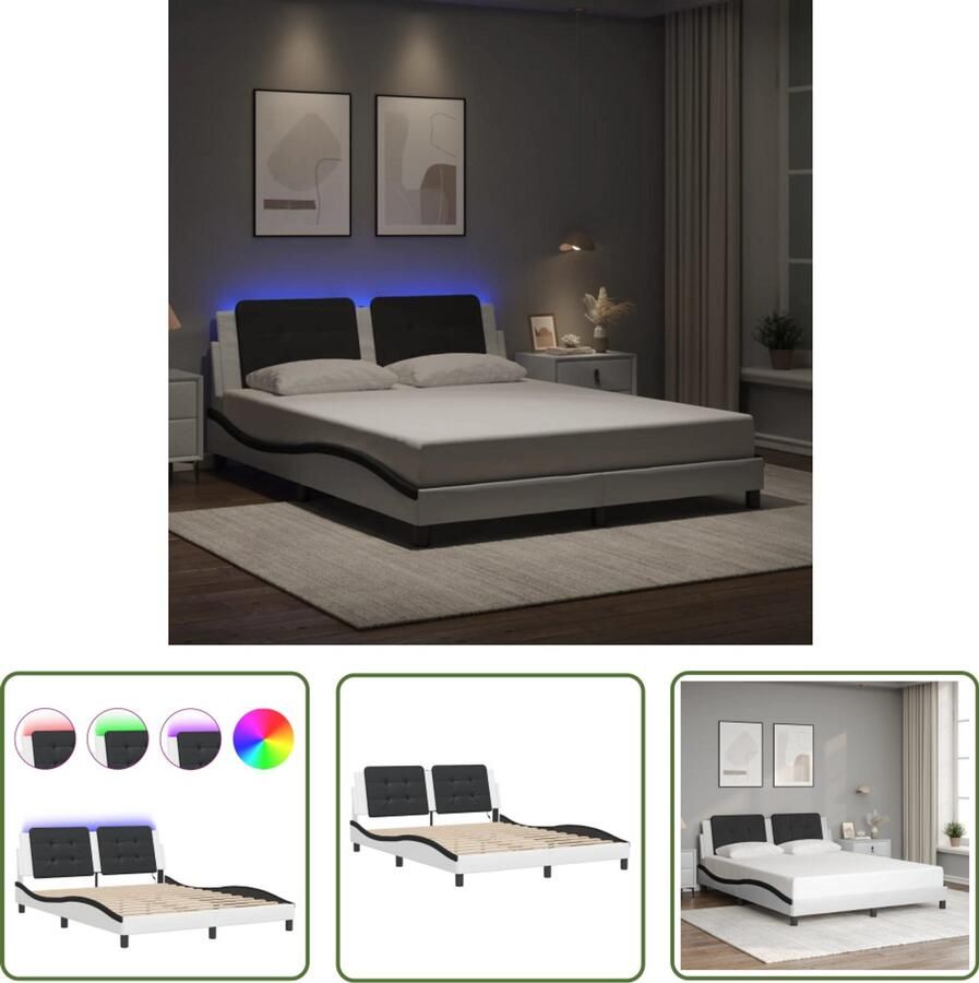 VidaXL Led Verlichting Slaapcomfort Bedframe met LED zonder matras Zadar kunstleer wit en zwart 160x200 cm Bed Frame Boxspring Tweepersoonsbed