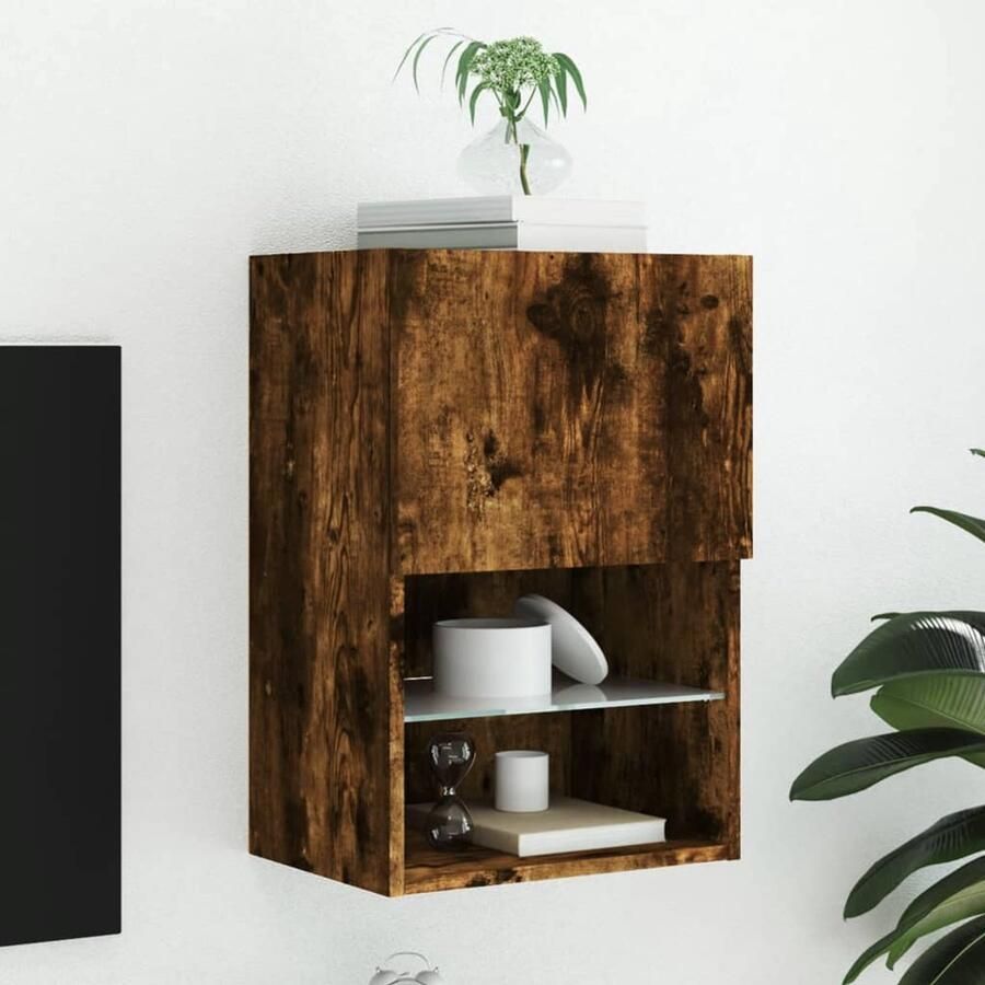 The Living Store Tv-meubel LED-verlichting 40 5x30x60 cm gerookt eikenkleurig Tv-meubel Led-verlichting Houten Tv-standaard Bruine Tv-bank Kast Met Licht