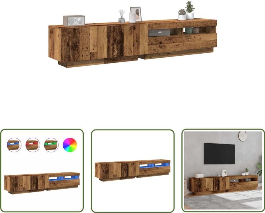 The Living Store Tv-meubel met LED 200x35x40 cm bewerkt hout oud hout Tv-meubel Led Verlichting Houten Tv-kast Salontafel Opberg Kast