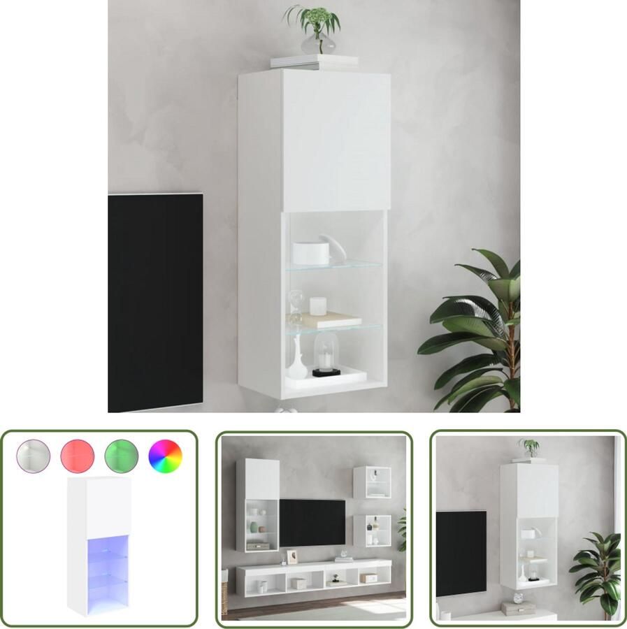 The Living Store Tv-meubel met LED-verlichting 40 5x30x102 cm wit Tv Meubel Led Verlichting Houten Tv Kast Witte Tv Stand Wand Montage