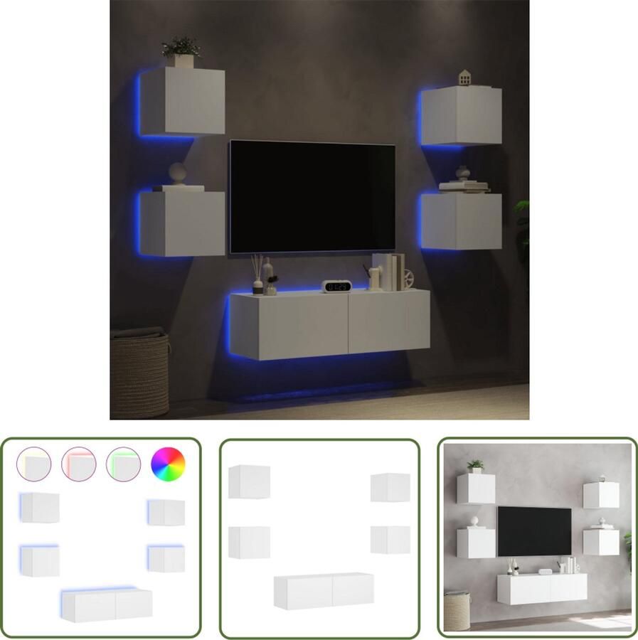 The Living Store 5-delige tv-wandmeubelset met LED-verlichting wit Tv Wandmeubel Led Verlichting Tv Kast Opbergkast Houten Tv Stand