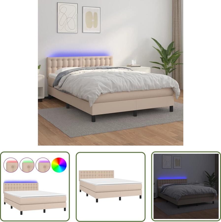 The Living Store Boxspring met matras en LED kunstleer cappuccinokleur 140x190cm Boxspring Bed Leder Look Bed Led Bed Kapstok Bedroom Furniture