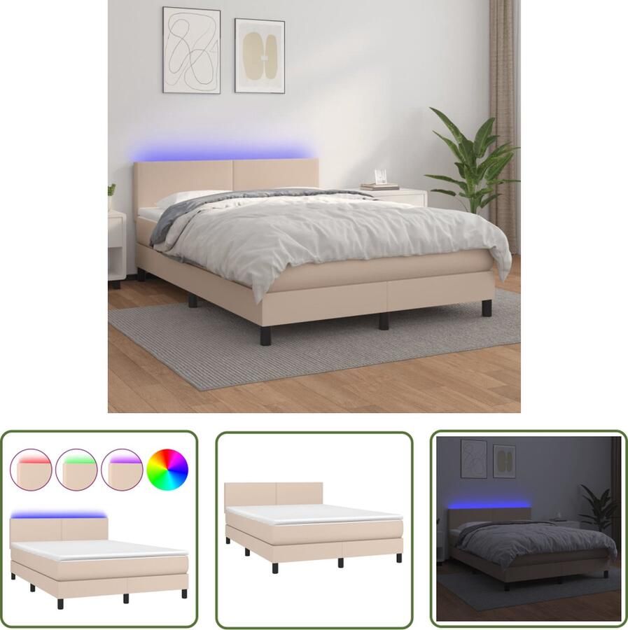 The Living Store Boxspring Bedframe met Matras en LED-Verlichting 193x144x78 88cm Cappuccino Kunstleer Pocketvering Boxspring Bed Leder Look Bed Led Bed Frame Kapstok Bedroom Furniture
