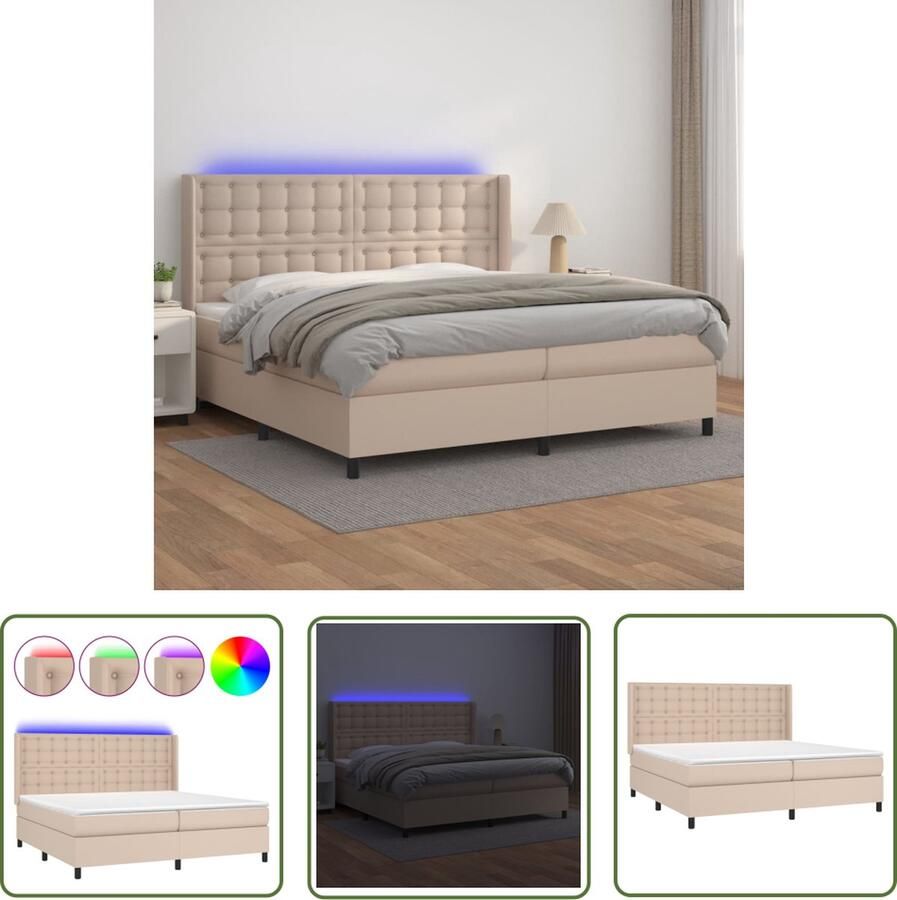 The Living Store Boxspring Bed Kunstleer 203 x 203 x 118 128 cm Pocketvering Matras Huidvriendelijk Topmatras LED Boxspring Bed Leder Look Bed Hoofdboard Bed Led Lampen Bed Pocketveer Matras