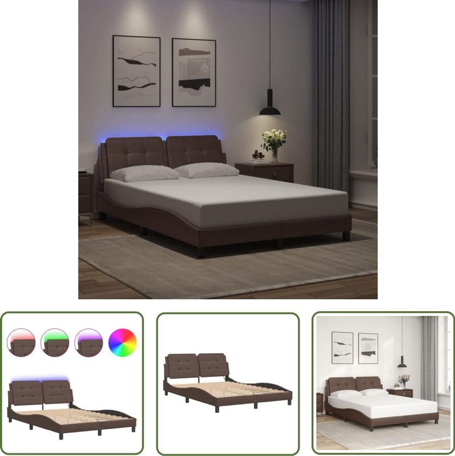 VidaXL Bedframe met LED zonder matras Zadar kunstleer bruin 140x200 cm Bruin Bed Frame Leder Look Bed Led Bed Frame Boxspring Bed Tweepersoons Bed