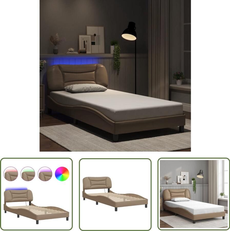 VidaXL Bedframe met LED zonder matras Hvar kunstleer cappuccino 100x200 cm Bed Frame Leder Look Led Verlichting Tweepersoonsbed Kapstok