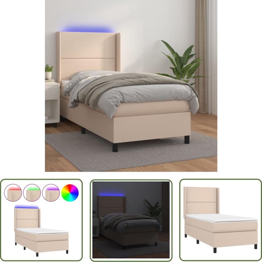 The Living Store Boxspring met matras en LED kunstleer cappuccinokleur 100x200cm Boxspring Boxsprings Bed Slaapmeubel Boxspringbed Boxspring Bed Tweepersoonsbed Bed Met Matras Bedframe Ledikant Bed Met LED
