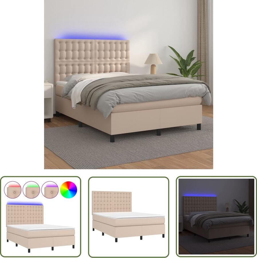 VidaXL Boxspring met matras en LED kunstleer cappuccinokleur 140x200cm Boxspring Lederlook Elektrisch Verstelbare Hoofdbord Led Verlichting Pocketveer Matras