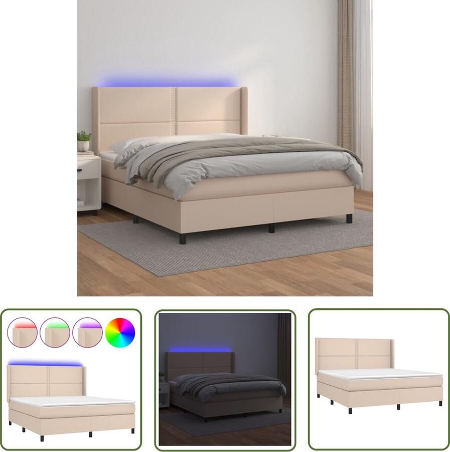The Living Store Boxspring Bed Cappuccino Kunstleer 203x183x118 128 cm Met LED-verlichting Boxspring Bed Leder Look Led Verlichting King Size Bed Tweepersoons Bed
