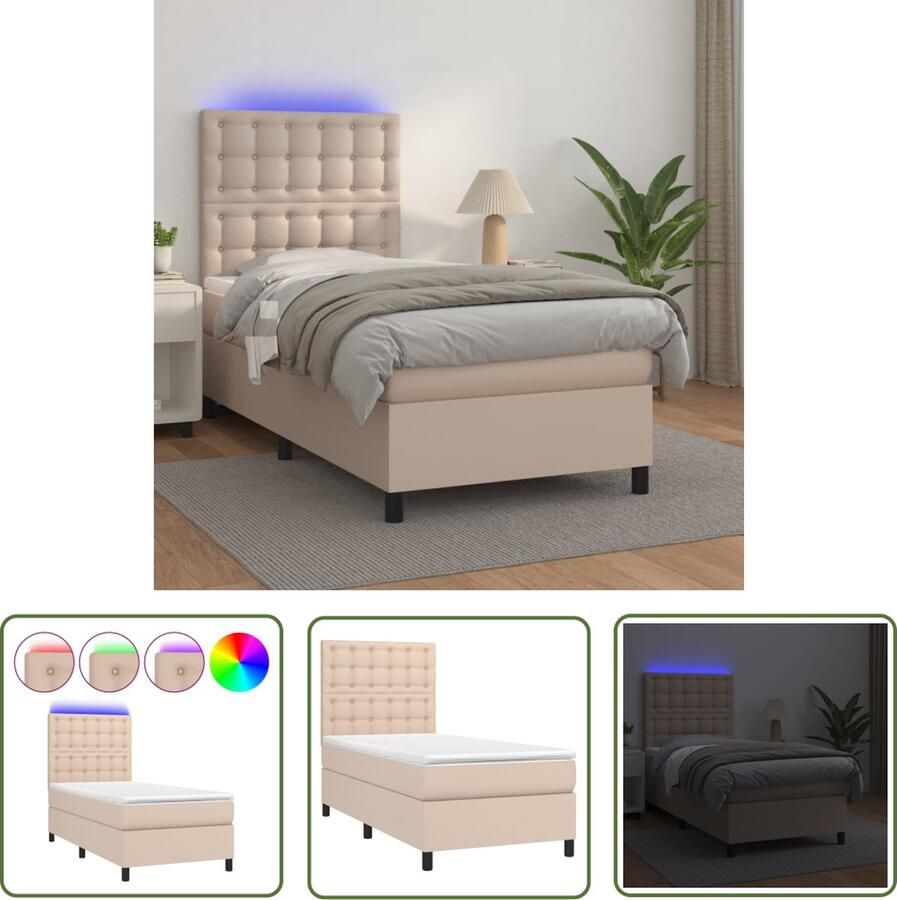 The Living Store Boxspring met matras en LED kunstleer cappuccinokleur 90x200 cm Boxspring Bed Leder Look Led Lamp Kapstok Bedroom Furniture