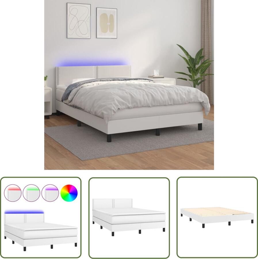 The Living Store Boxspring Bed Kunstleer Duurzaam Verstelbaar hoofdbord LED verlichting Pocketvering matras Huidvriendelijk topmatras Wit 193x144x78 88 cm Inclusief bedframe matras topmatras en LED-strips