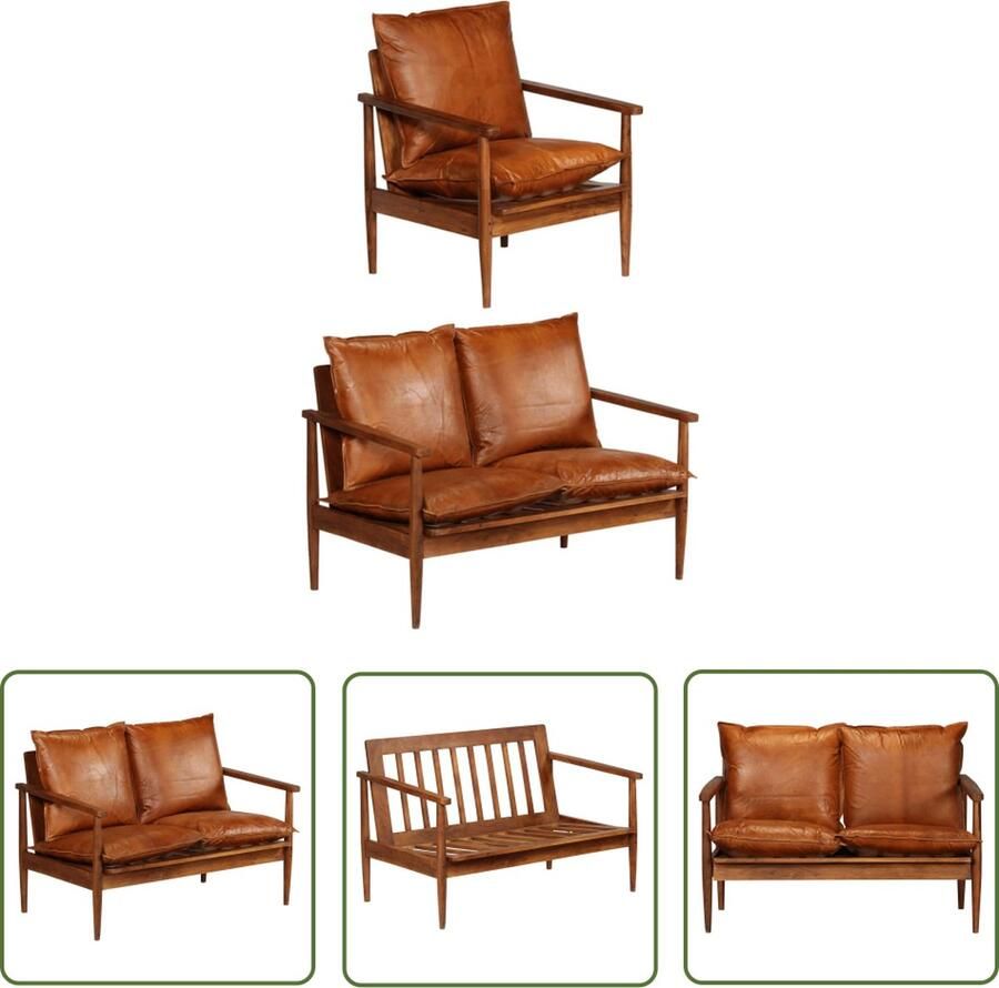 The Living Store Bankstel Aurora 2-zitsbank en fauteuil Bruin echt leer Acaciahout Vintage Bankstel Lederen Bank Vintage Meubels Bruine Bank Acacia Houten Bank
