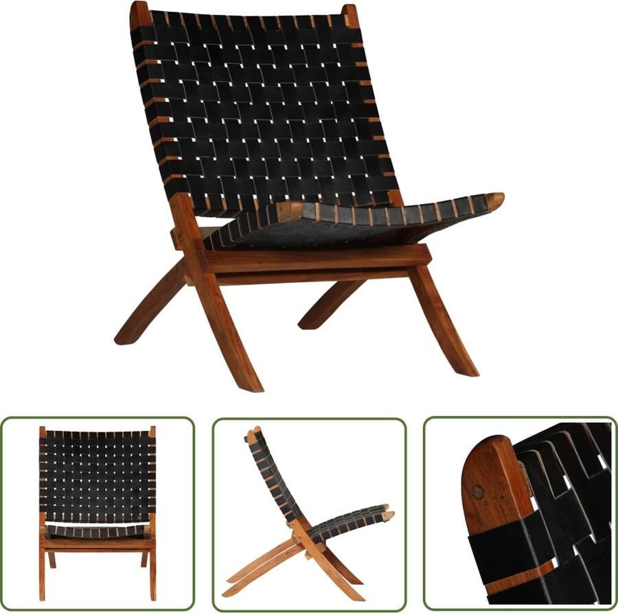 The Living Store Relaxstoel Stoel Echt Leer Zwart 59x72x79 cm Relaxfauteuil Lederen Fauteuil Klapstoel Lounge Chair Outdoor Meubilair