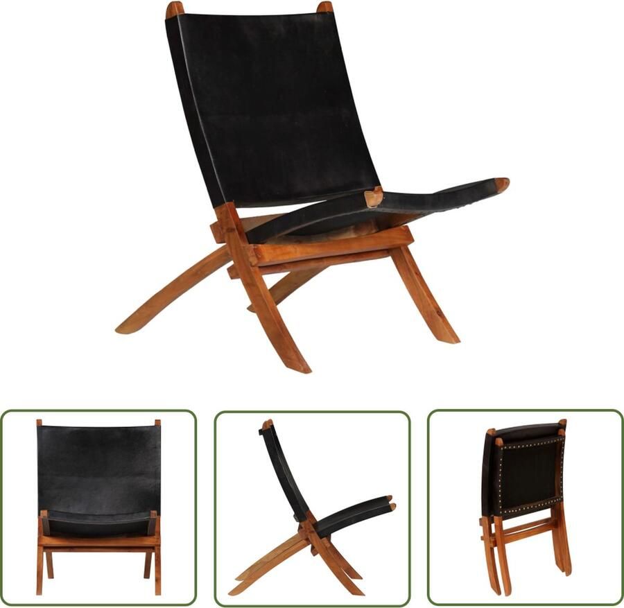 The Living Store Relaxstoel Echt Leer 59x72x79 cm Zwart Relaxfauteuil Lederen Fauteuil Inklapbare Stoel Tuinstoel Lounge Stoel