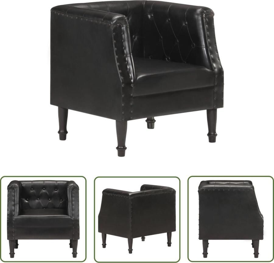 The Living Store Fauteuil Retro Echt Leder Massief Mangohout 60 x 57 x 64 cm Zwart Retro Fauteuil Lederen Fauteuil Mangohouten Fauteuil Zwarte Fauteuil Lounge Stoel - Foto 2
