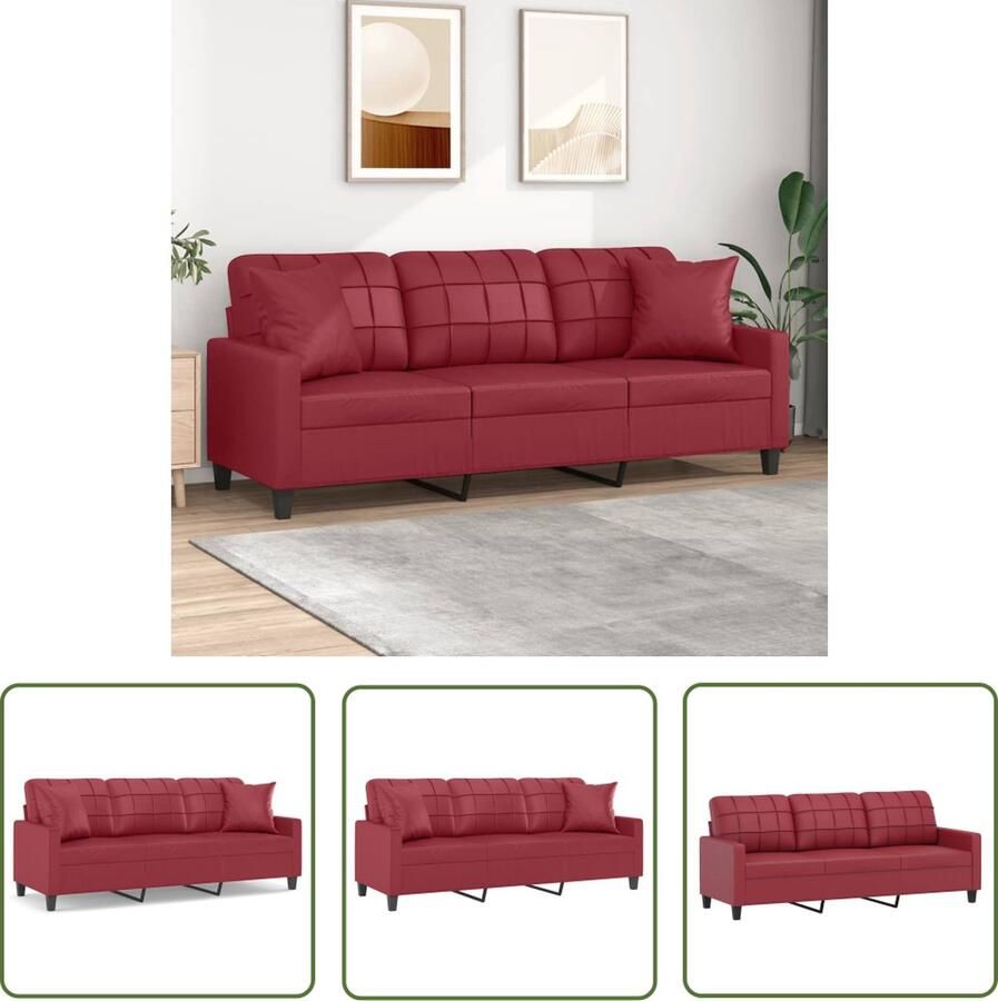 The Living Store 3-zitsbank Kunstleer Wijnrood 198x77x80 cm Duurzaam materiaal Stevig frame Comfortabele zit Inclusief 2 sierkussens 3 Zits Bank Lederlook Bank Rode Bank Lounge Bank Bankstellen