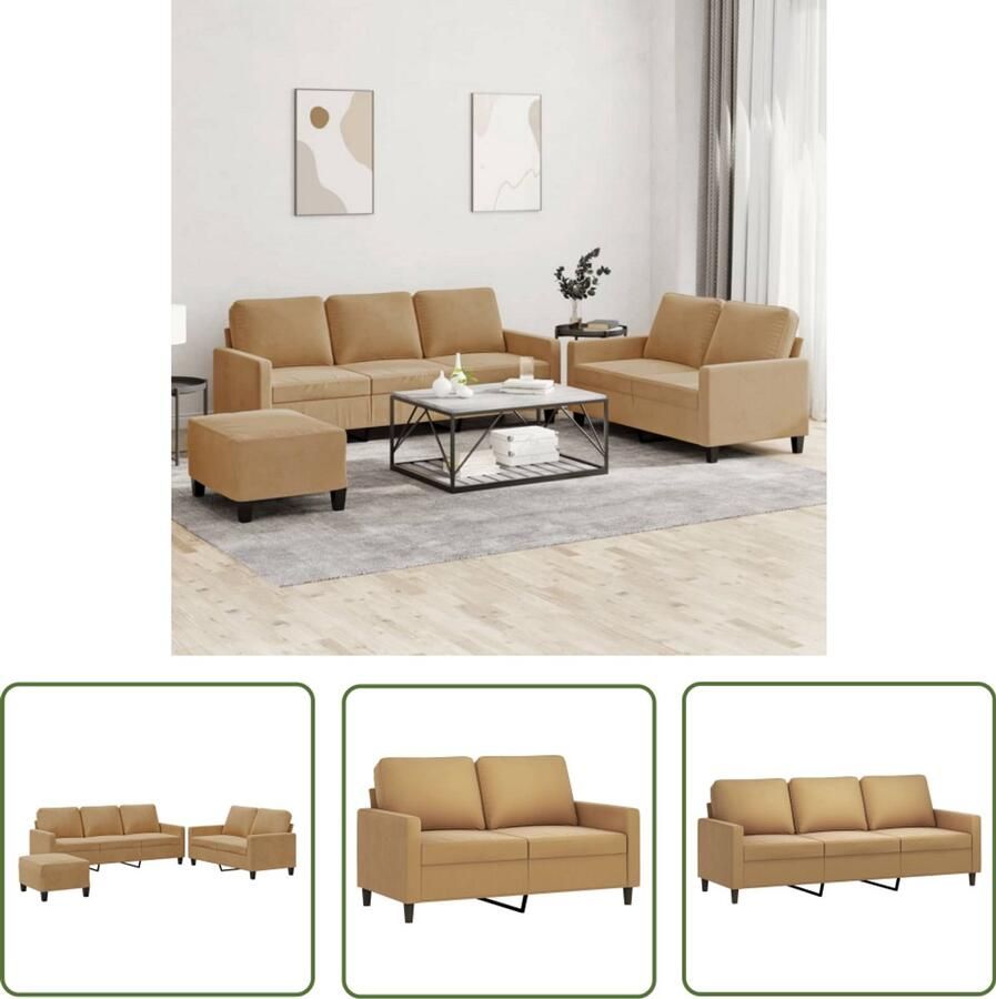 VidaXL 3-delige Loungeset met kussens fluweel bruin Bruine Loungebank Lederlook Bankstel Velvet Sofa 3-delige Loungeset Salonset