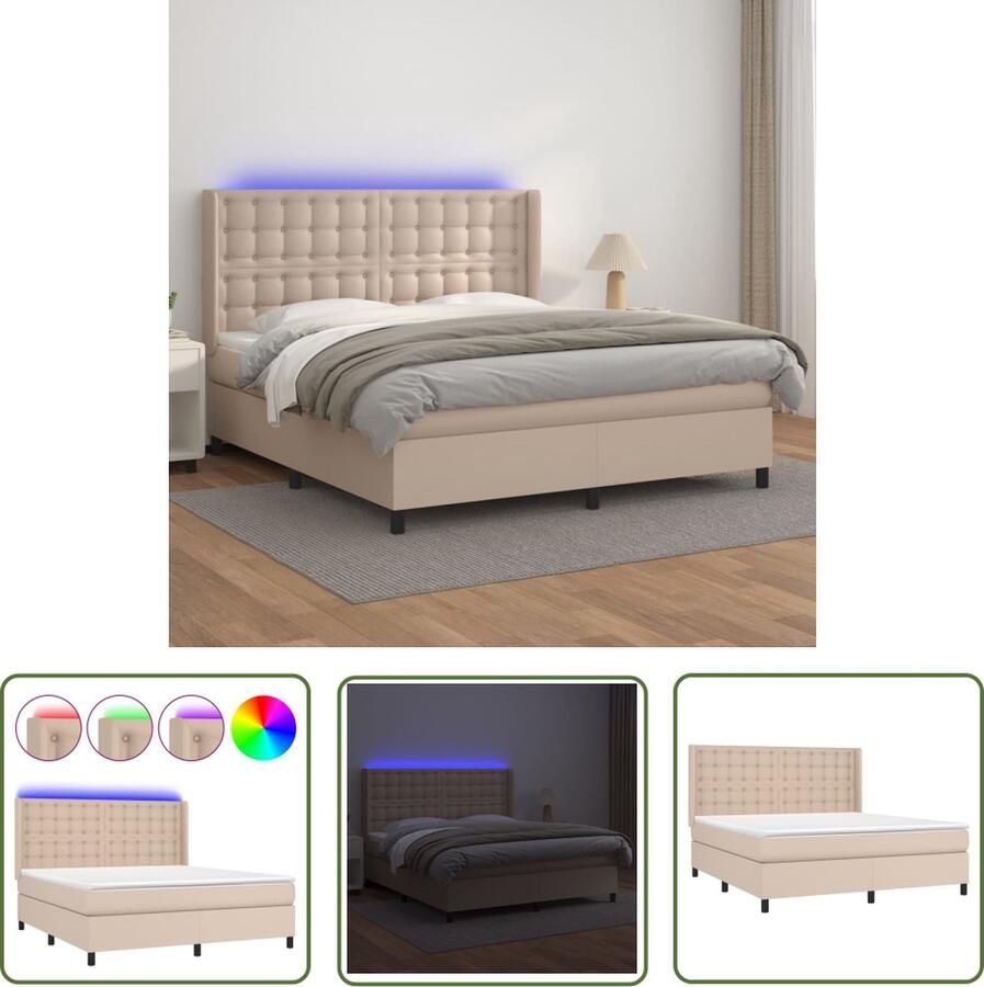 The Living Store Boxspring met matras en LED kunstleer cappuccinokleur 180x200cm Boxspring Bed Lederlook Bed Led Bed Boxspring Frame King Size Bed
