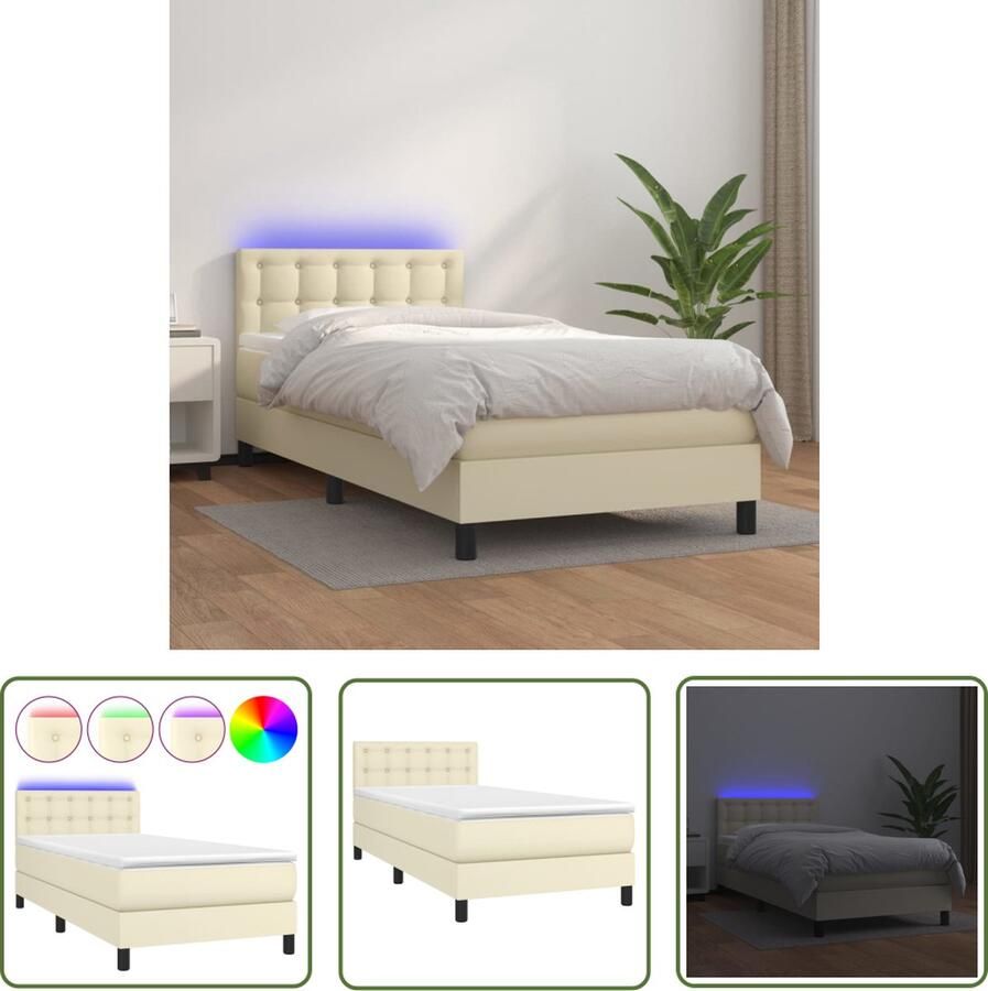 The Living Store Bed Crème Kunstleer 203 x 100 x 78 88 cm Verstelbaar hoofdbord LED-verlichting Pocketvering matras Huidvriendelijk topmatras Boxspring Lederlook Bed Hoofdbord Verstellen Led Lampje Pocketveer Matras