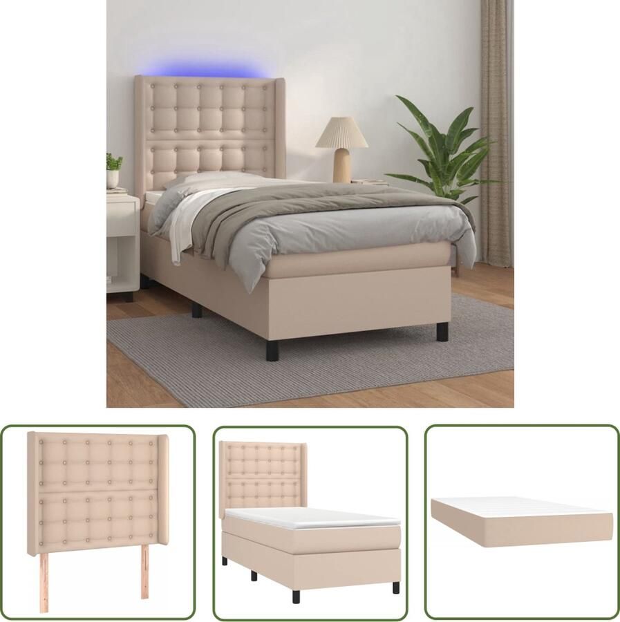 The Living Store Boxspring Kunstleer Cappuccino 203x103x118 128 LED Pocketvering Huidvriendelijk Boxspring Lederlook Kapstok Led Lamp Pocketvering - Foto 2
