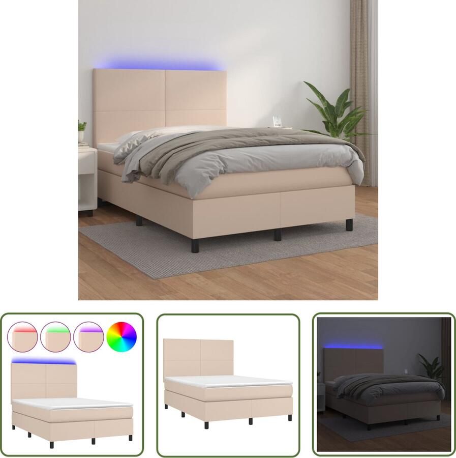The Living Store Boxspring met matras en LED kunstleer cappuccinokleur 140x190cm Boxspring Lederlook Bruine Boxspring Led Lampen Hoofdbord