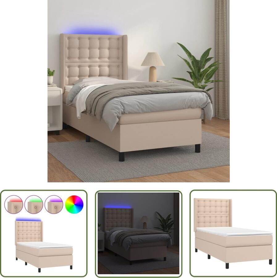 The Living Store Boxspring met matras en LED kunstleer cappuccinokleur 90x190 cm Boxspring Lederlook Led Lampje Hoofdbord Slaapcomfort