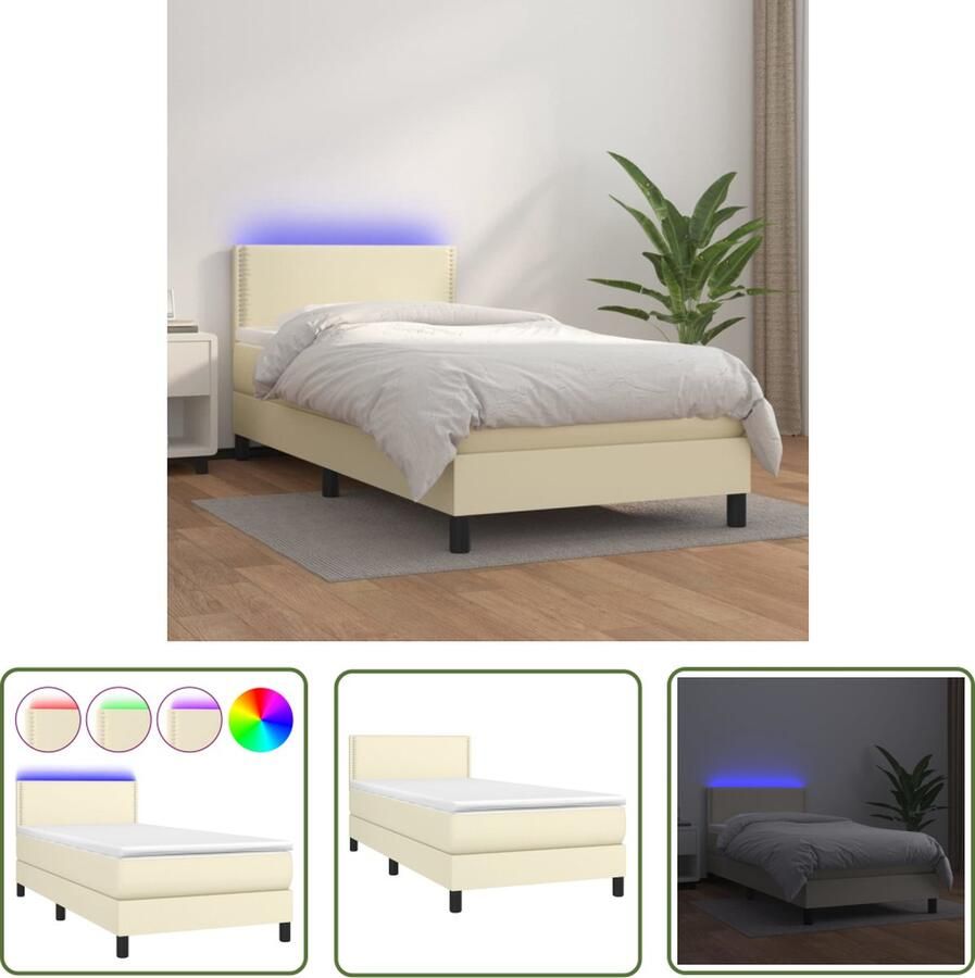 The Living Store Boxspring met matras en LED kunstleer crèmekleurig 100x200 cm Boxspring Lederlook Led Lamp Tweepersoonsbed Creme Kleurtone