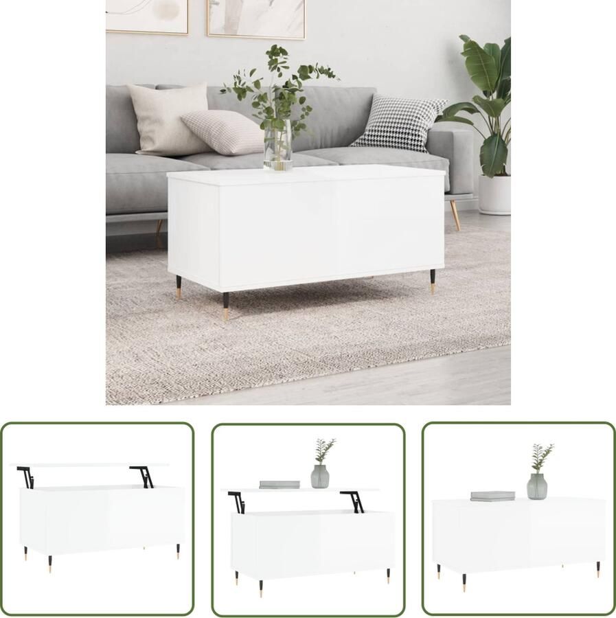 The Living Store Salontafel Lift-Top Hoogglans Wit 90x44.5x45 cm Duurzaam materiaal Voldoende opbergruimte Metalen poten Salontafel Lift Top Tafel Houten Salontafel Wit Meubilair Living Room Furniture