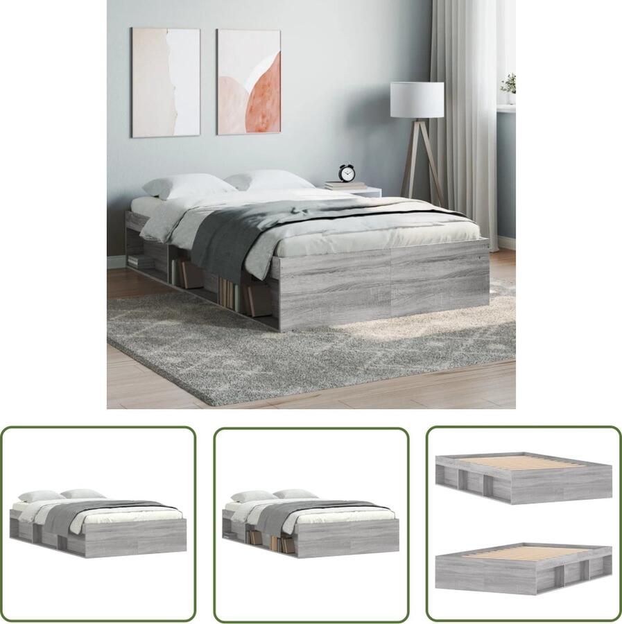 The Living Store Houten Bedframe Logeerbed met opbergruimte 193 x 123 x 35 cm Grijs sonoma eiken Houten Bed Frame Logeerbed Bed Met Opbergvakken Tweepersoons Bed Compact Bed