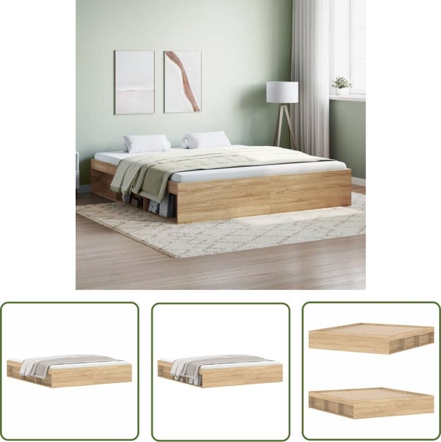 The Living Store Houten Bedframe Logeerbed 203 x 183 x 35 cm Sonoma eiken Multiplex lattenbodem Extra opbergruimte Houten Bed Frame Logeerbed Super King Size Sonoma Eiken Multifunctioneel Bed