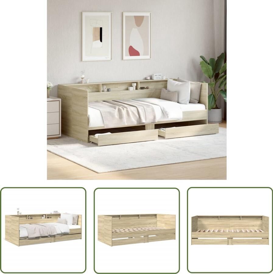 VidaXL Slaapbank met lades zonder matras 75x190 cm sonoma eikenkleurig Slaapbank Logeerbed Zweefdeur Sonoma Eiken Bewerkt Hout