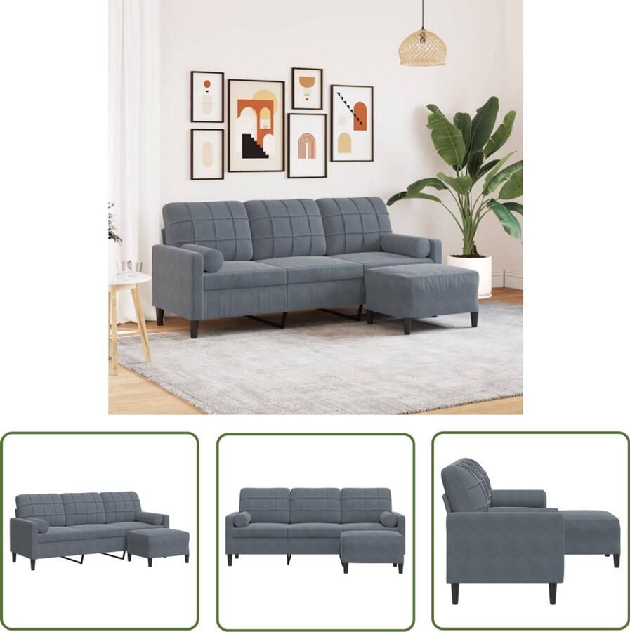 VidaXL Lounge Bank Drie Persoons Bank Driezitsbank met voetenbank 180 cm fluweel donkergrijs Bankstel Salontafel Lederen Bank
