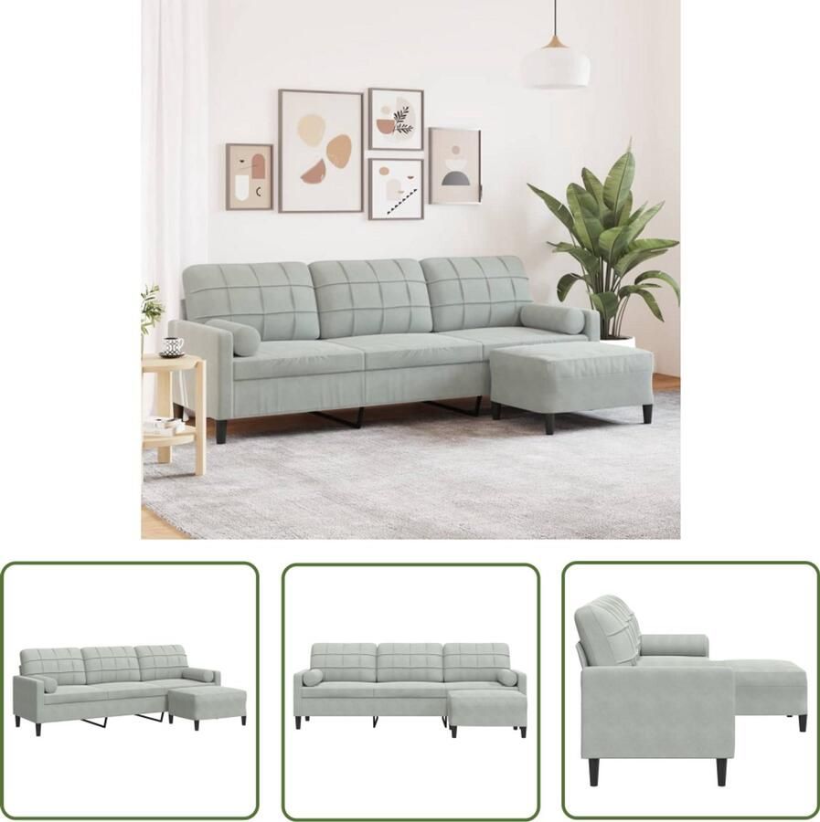 VidaXL Lounge Bank Drie Persoons Bank Driezitsbank met voetenbank 210 cm fluweel lichtgrijs Bankstel Velours Bank Grijze Bank