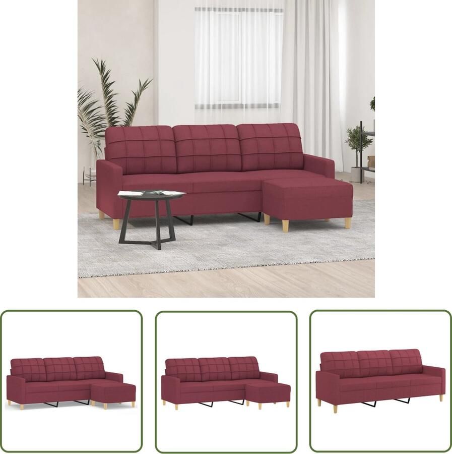VidaXL Driezitsbank met voetenbank 180 cm stof wijnrood Drie Persoonsbank Lounge Bank Salontafel Rood Meubilair Vintage Sofa