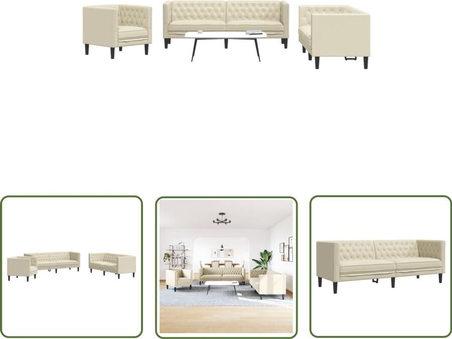 The Living Store 3-delige Loungeset Chesterfield-stijl kunstleer crèmekleurig Chesterfield Banks Lounge Set Lederlook Bank Creme Bank Fauteuils