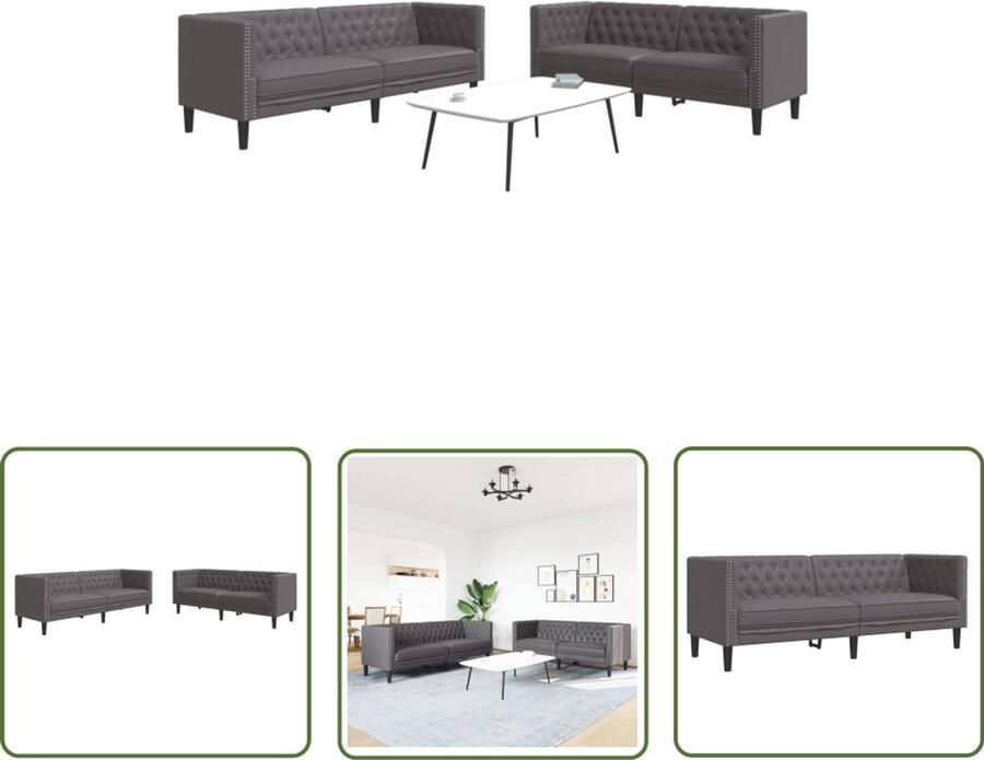 The Living Store 2-delige Loungeset Chesterfield-stijl kunstleer grijs Chesterfieldstijl Lounge Set Lederlook Bankstellen Salon Meubels