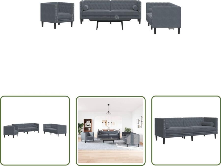 The Living Store 3-delige Loungeset Chesterfield en bolsters fluweel donkergrijs Chesterfieldstijl Lounge Set Bankstellen Velours Bank Donkere Bank