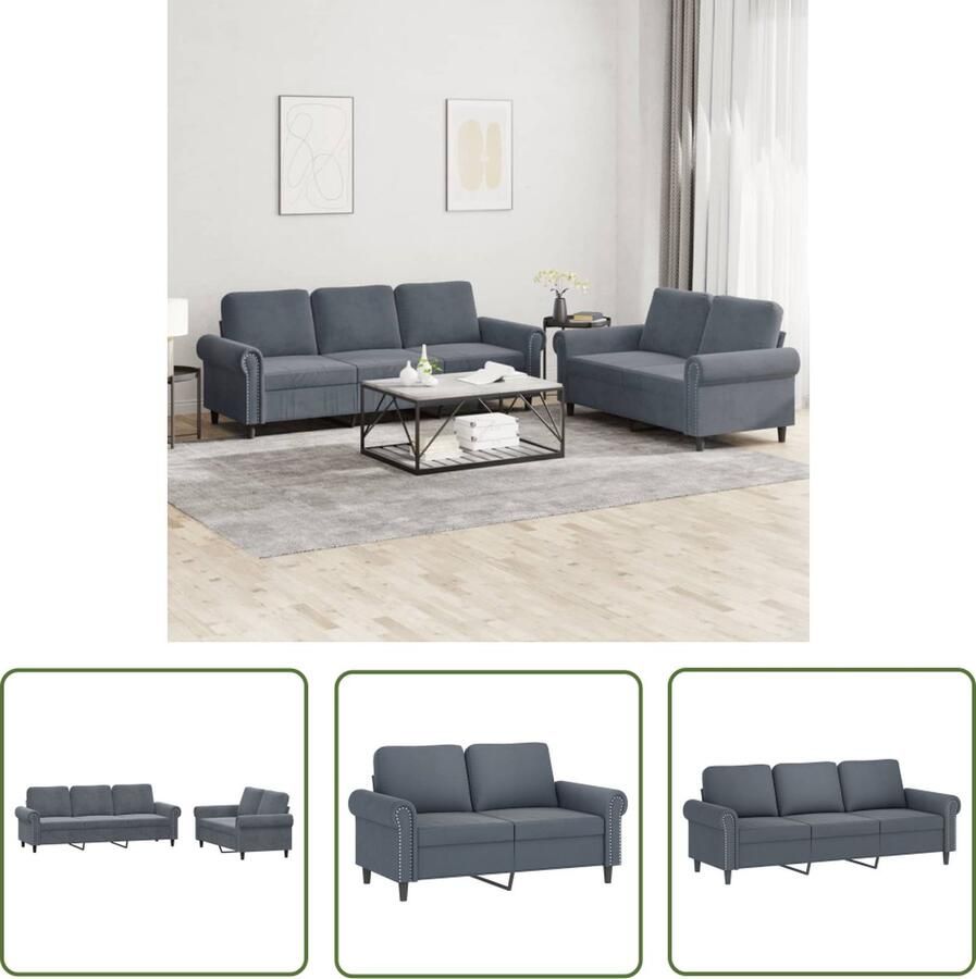 The Living Store Comfortabele 2- en 3-zitsbank donkergrijs fluweel Zitkussen Metaal multiplex Comfortabele Bank Lounge Set Donkere Bank Velvet Bank Zitzitting