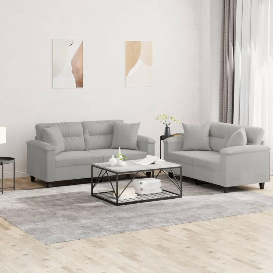 The Living Store 2-delige Loungeset met kussens microvezelstof lichtgrijs Microfiber Sofa Lounge Set 2 Persoons Bank Grijze Bank Bankstel Grijs
