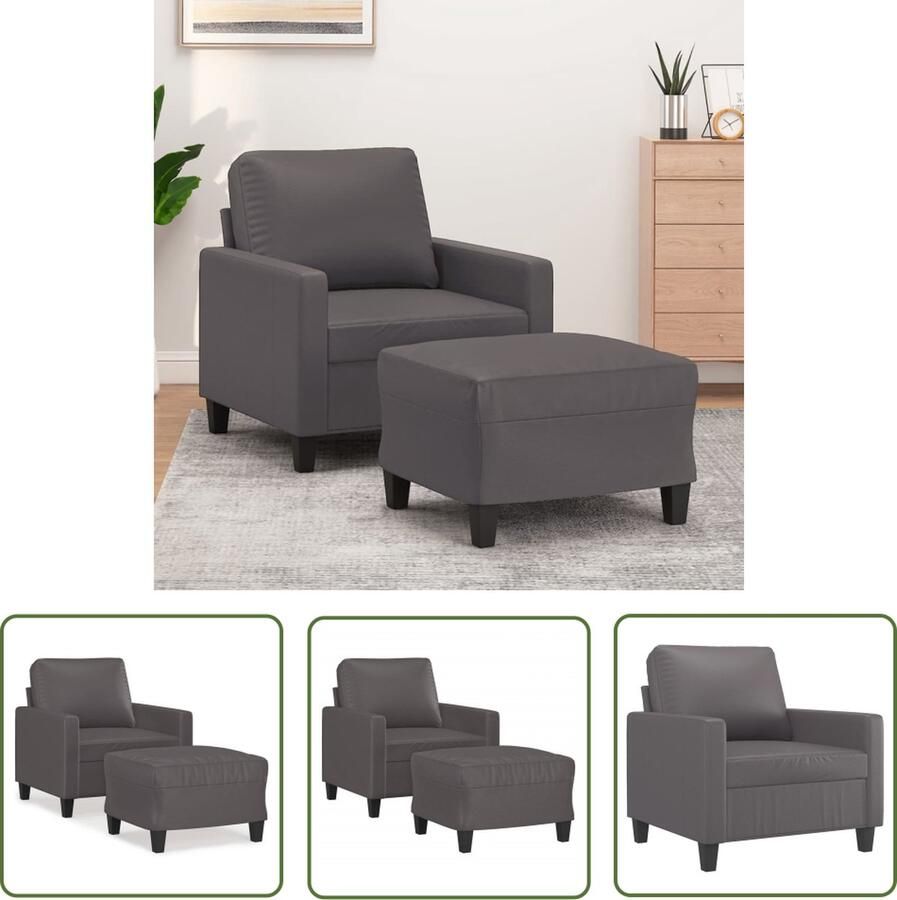 The Living Store Fauteuil met voetenbank 60 cm kunstleer grijs Fauteuil Lounge Stoel Relaxfauteuil Kunstleder Meubilair Grijs Meubilair
