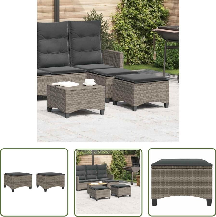 The Living Store Tuinkrukken met kussens 2 st 55x55x36 cm poly rattan grijs Tuinkruk Lounge Stoel Outdoor Meubel Patiostoel Balkonstoelen