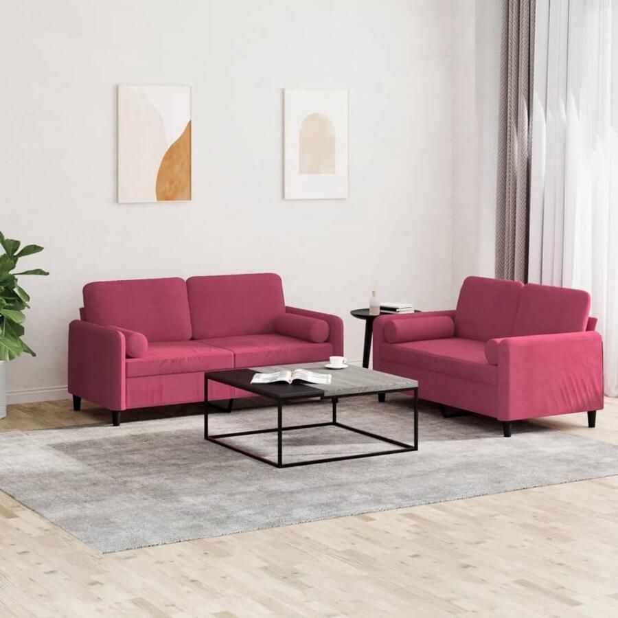 The Living Store 2-zitsbank Wijnrood Fluweel Comfortabel Zitten 120 cm Tweezitsbank Loungebank Fluweel Sofa Rode Bank Salon Meubilair