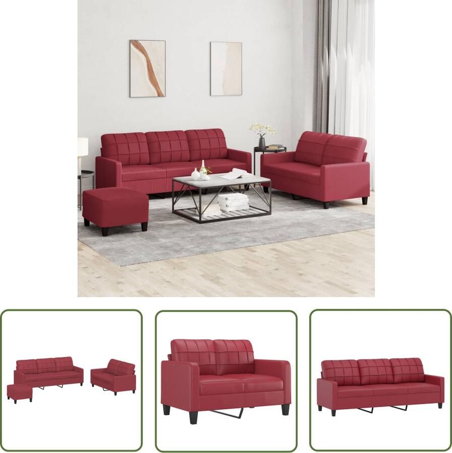 The Living Store 3-delige Loungeset met kussens kunstleer wijnrood Loungeset Loungemeubel Tuinlounge Buitenset Rood Meubilaar