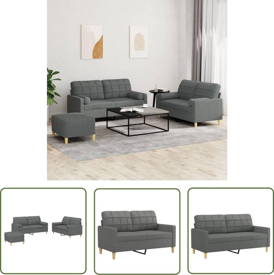 The Living Store 3-delige Loungeset met kussens stof donkergrijs Loungeset Loungemeubel Zitzitting Tuinset Buitenshuis Meubilair