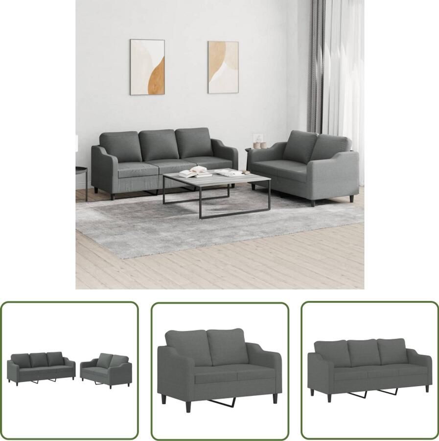 VidaXL 2-delige Loungeset met kussens stof donkergrijs Loungeset Loungemeubilair Tuinset Grijs Sofa Stoffen Bank